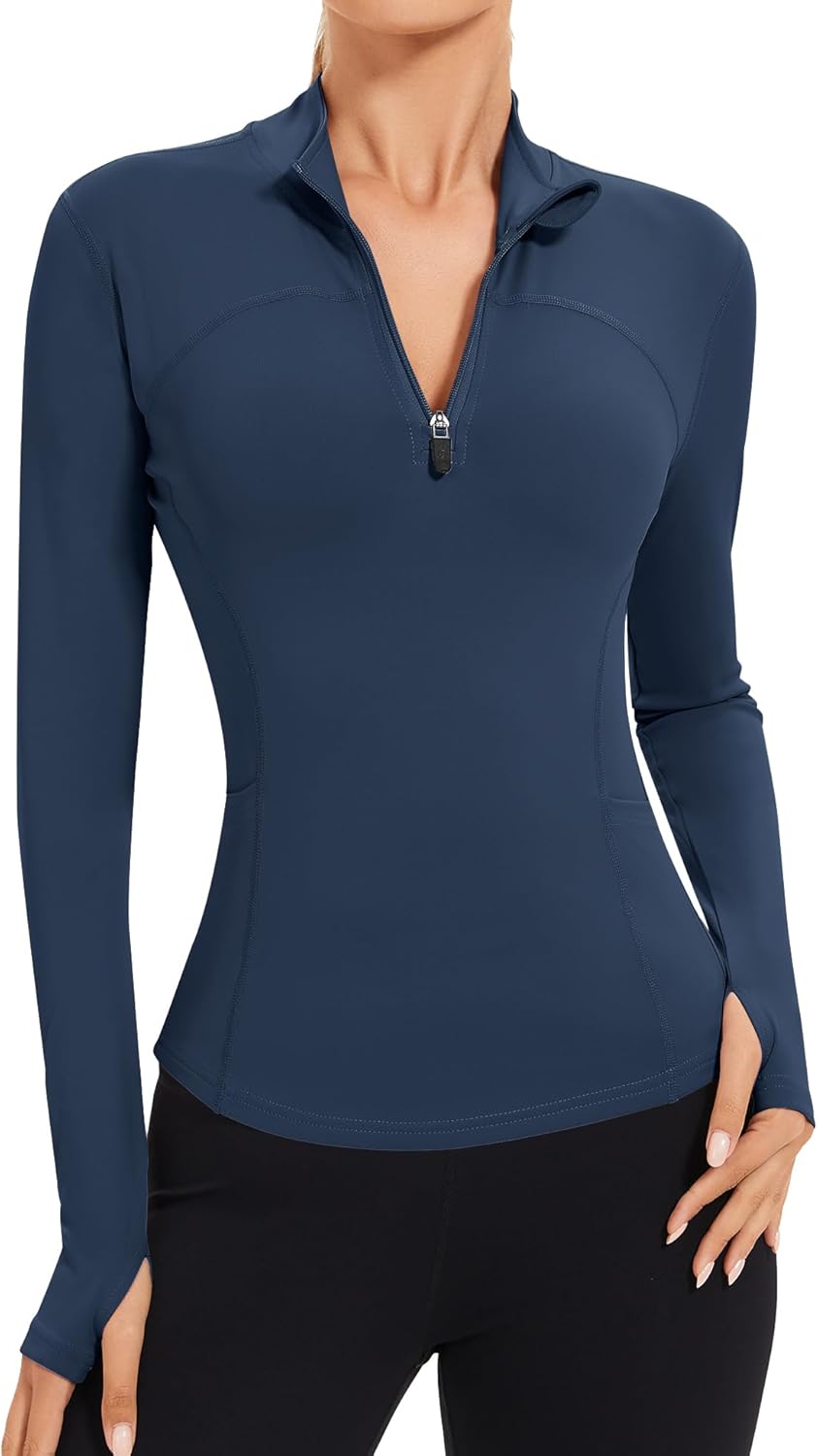 AKEWEI Womens Long Sleeve Workout Tops Quarter Zip Pullover Quick Dry Crop Athletic Slim Fit Yoga Shirts