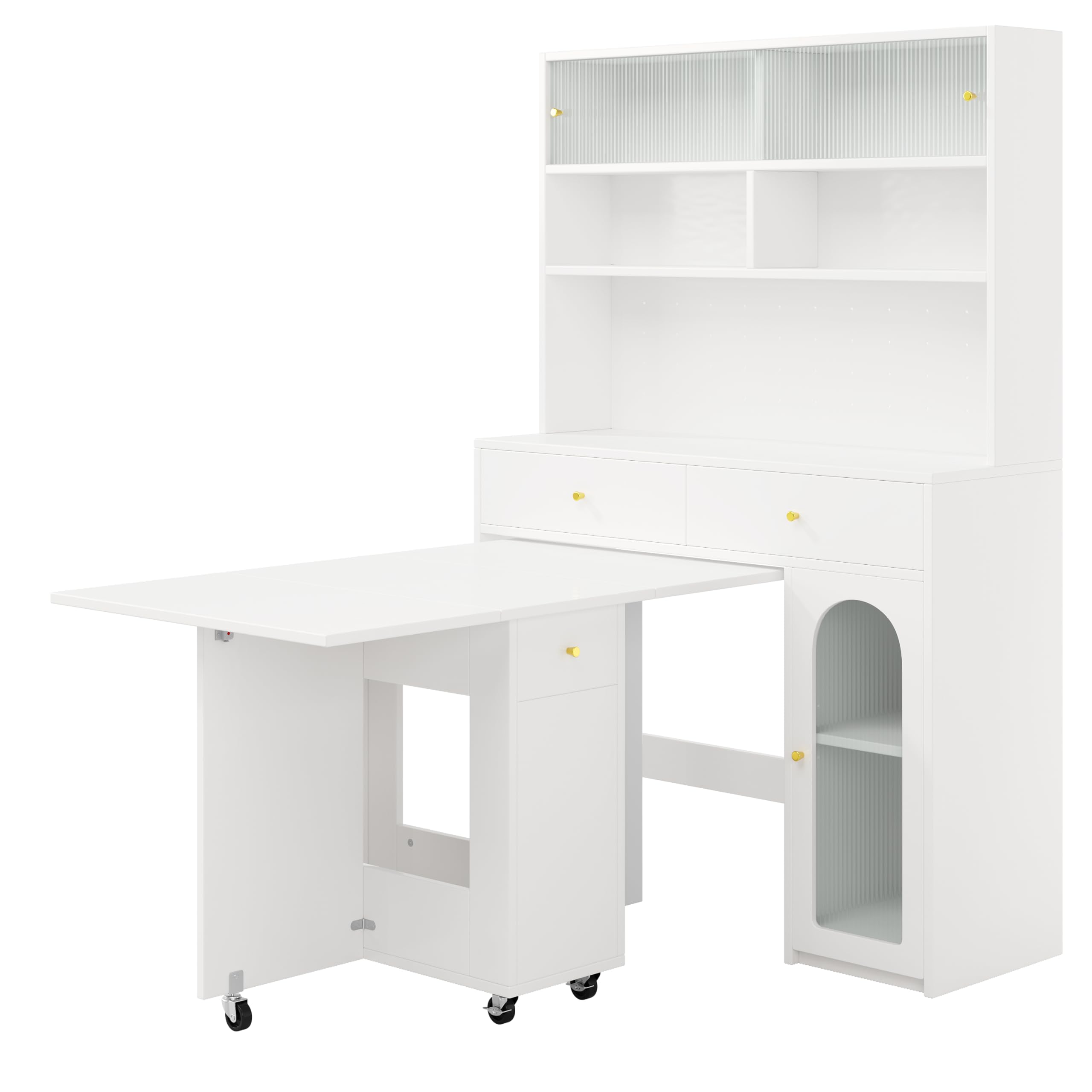 Set de armario de cocina con mesa de comedor plegable, mesa de bar móvil con ruedas, armario alto con espacio de almacenamiento y superficie de trabajo, muebles de cocina que ahorran espacio