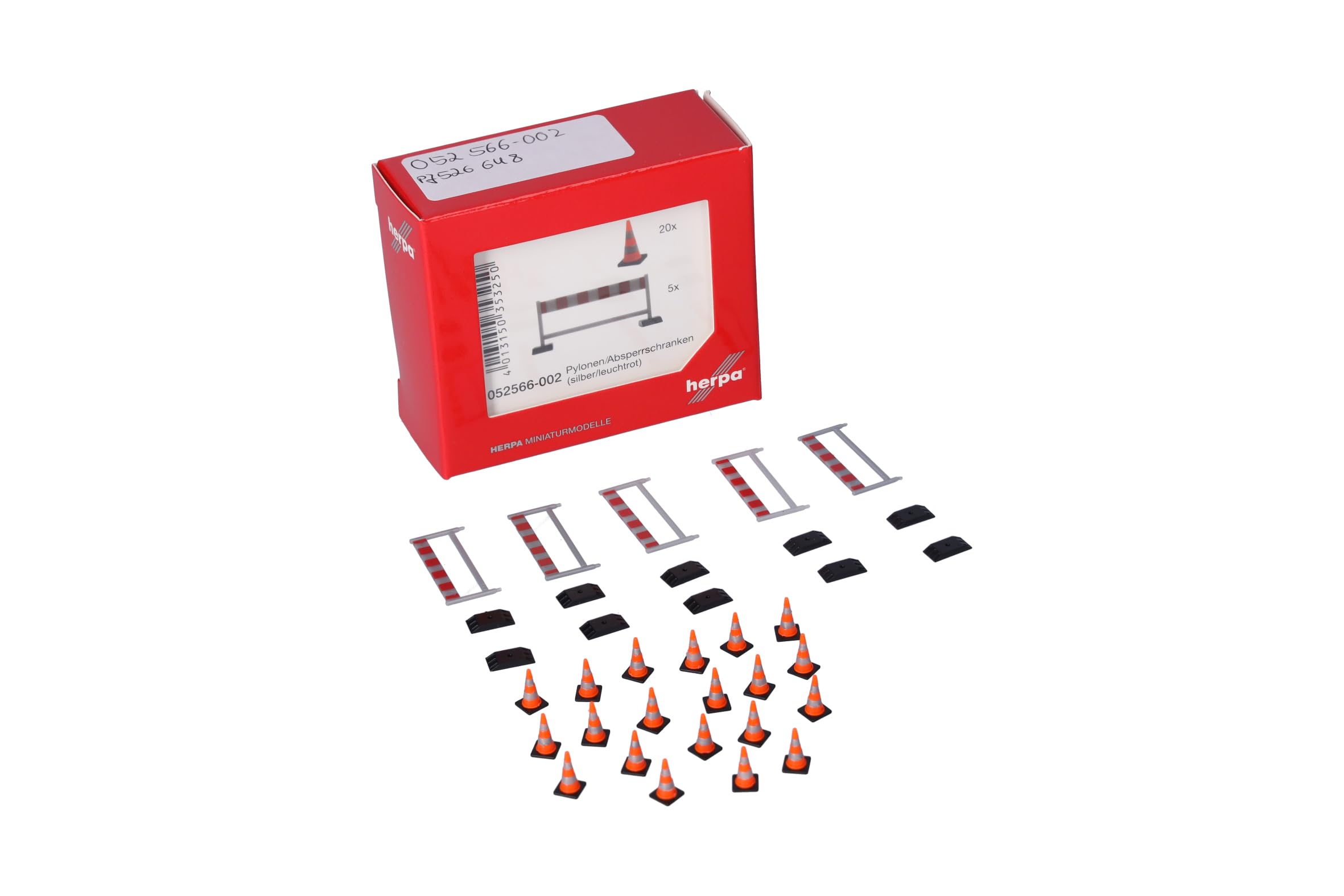 herpa 052566-002 Accessories Pylons (20, Barriers (Pack of 5) in Scale 1:87, Miniature Model, Plastic, Colour: Silver/Bright Red