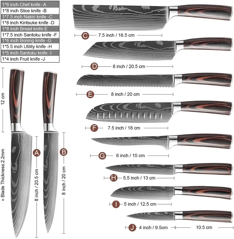 Kitchen Knife Sets, 10PCS Kitchen Knives Set Laser Damascus Pattern Ultra-Sharp Santoku Knife Cleaver Slicing Utility Fruit Knife Set