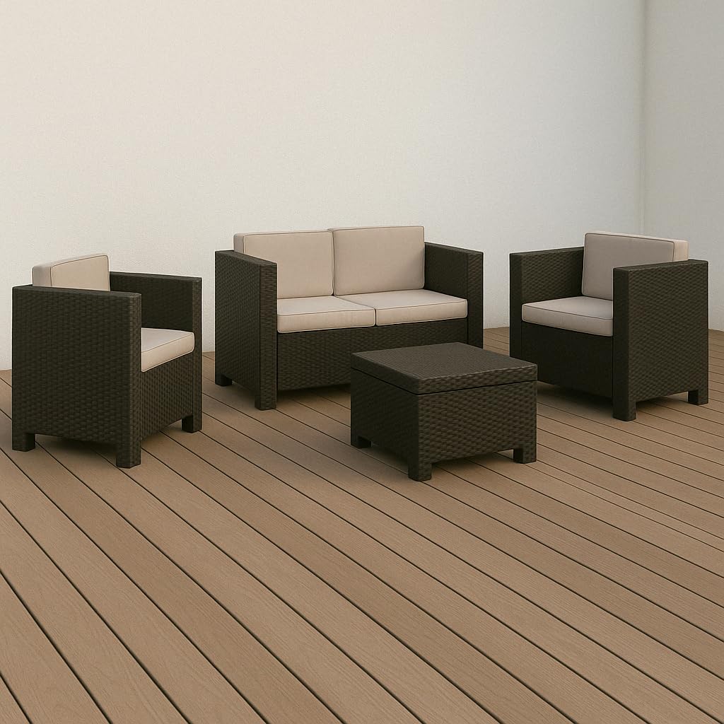 SP Berner - Set de Muebles de Jardín y Terraza Diva Wengue- Sofá 2 Plazas, 2 Sillones y Mesa de Centro con Almacenaje - Fabricado en España con Plástico Reciclado