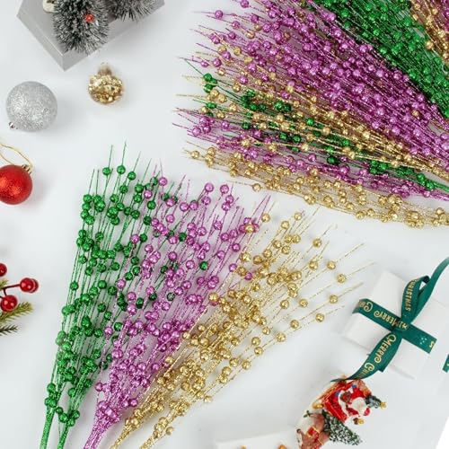 N&T NIETING Mardi Gras Decorations, 20PCS Carnaval Picks Table Centerpiece Decor, Artificial Glitter Berry Stems in Purple Green Gold for Mardi Gras Christmas Tree Party Ornaments Decoration by N&T NIETING - Image 5