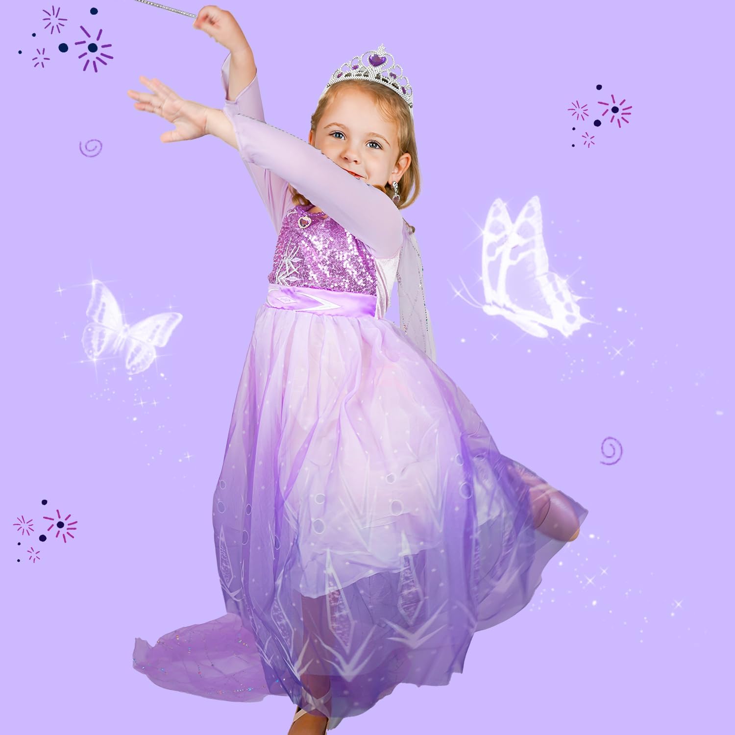 Princess Dress for Girls Purple Princess Dress Up Clothes with Accessories Halloween Snow Queen Party Cosplay - Image 3