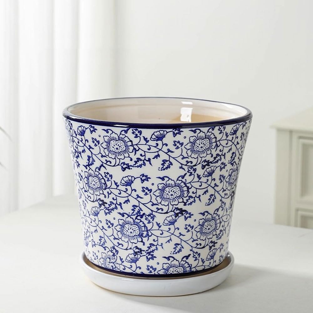 Vintage niebiesko-biała ceramiczna doniczka na kwiaty z podstawką, okrągła glazurowana porcelanowa doniczka, dekoracyjny pojemnik na rośliny w stylu chińskim na sukulenty i storczyki (15,5 cm)