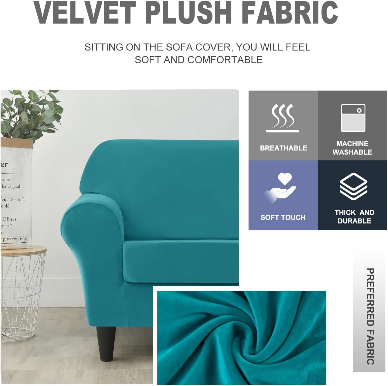 Deisy Dee Velvet Couch Covers - Stretch Soft Sofa Slipcovers for 3 Cushion Couch - Pet Friendly and Durable Fabric for Dogs and Pets - Elegant Protection for Your Living Room Furniture (Turqouise)