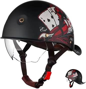 Skull Cap Motorcycle Men Women DOT Approved German Style Vintage Jet Half Helmet with Sun Visor Open Face Helmet Retro Baseball Cap ATV Helmet for Moped Scooter