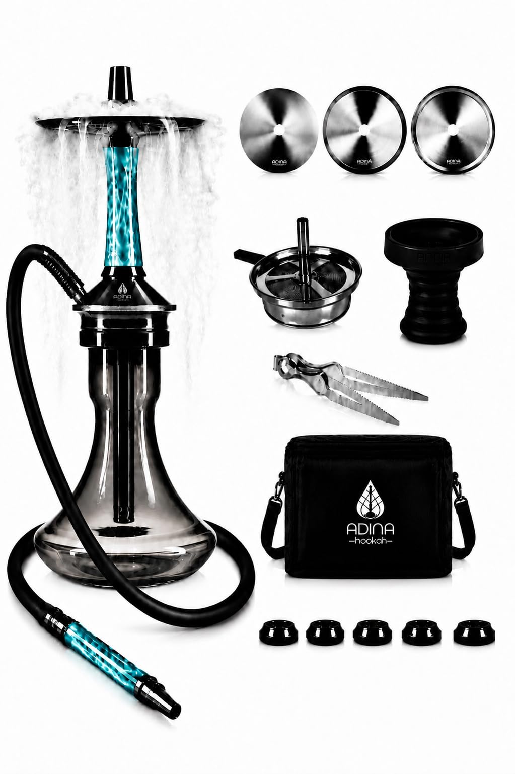 Motion 2.0 I Shisha Komplett-Set mit Travelbag I 20+ Blow-Off Varianten I 40 cm Mini Edelstahl Shisha I Travelbag, Bowl, Steinkopf mit Kaminaufsatz, Silikonschlauch, Mundstück, Zange I