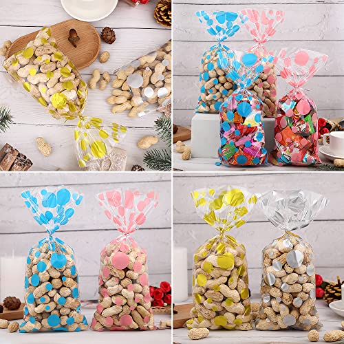 Polka Dot Cellophane Bags, 100Pcs Clear Treat Bags, Plastic Christmas Cello Bags Sweets Bags With 100 Twist Ties For Goodie, Cookies, Nut, Gift Wrap, Wedding Birthday Party Favor Supplies (4 Pattern) #TOP4