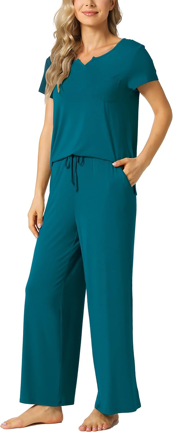 LazyCozy Womens Short Sleeve Pajama Sets - Viscose Made from Bamboo, 2 Piece Lounge Pj Set Sleepwear