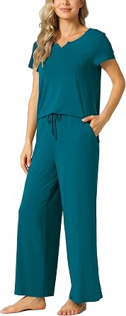LazyCozy Womens Bamboo Viscose Pajama Set - Short Sleeve and Long Pants for Cooling, Comfortable Sleep and Lounge