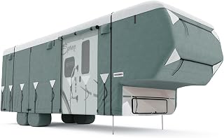 KING BIRD Upgraded 5th Wheel RV Cover, Extra-Thick 5 Layers Anti-UV Top Panel, Durable Camper Cover, Fits 33'-37' Motorhome -Breathable, Water-Proof, Rip-Stop with 2Pcs Extra Straps & 4 Tire Covers