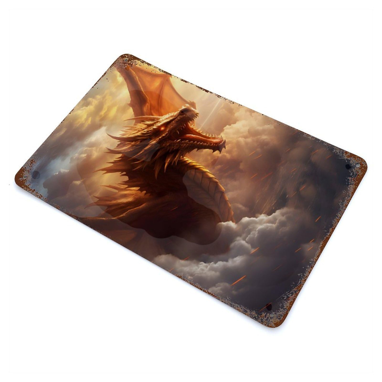 Weathered Tin Sign with Flying Dragon Design 11.8"x7.9", for Garage, Bar And Workshop Decor, Decorative Metal Wall Art