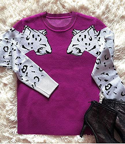 Mansy Women's Casual Long Sleeve Crew Neck Cute Animal Leopard Print Knitted Pullover Sweater Tops Purple #TOP5