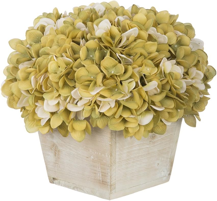House of Silk Flowers Artificial Hydrangea in White-Washed Wood Cube (Sage/Cream)