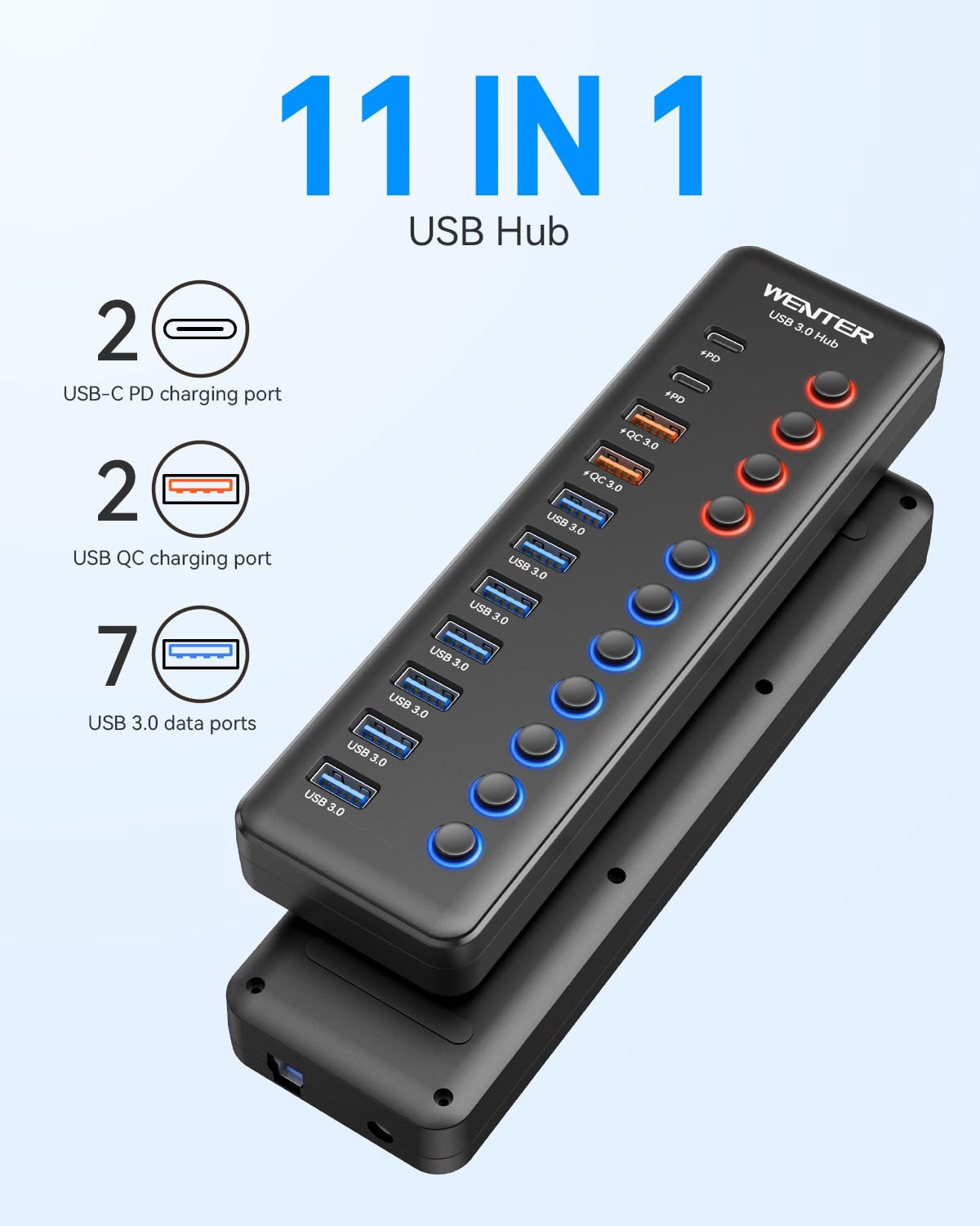 Hub USB 3.0 con alimentazione, hub USB da 48 W con 11 porte (7 porte di trasferimento dati più veloci + 4 porte di ricarica QC) con interruttori LED