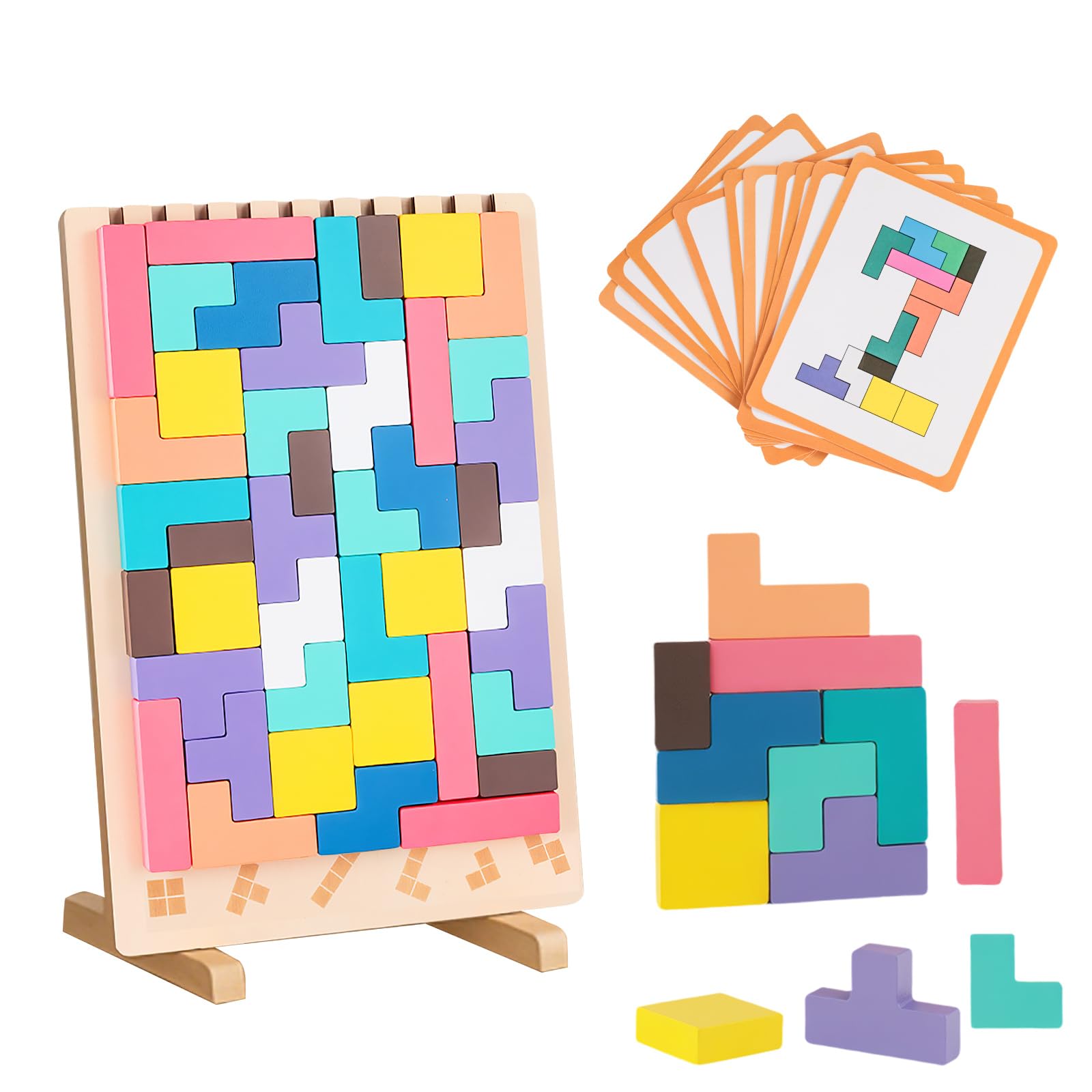 runpeak Wooden Stacking Puzzle Toy - 3D Tetris Game with 10 Cards, Montessori Wood Stacking Blocks, Geometric Builiding Toys for Kids, Improve Color Recognition