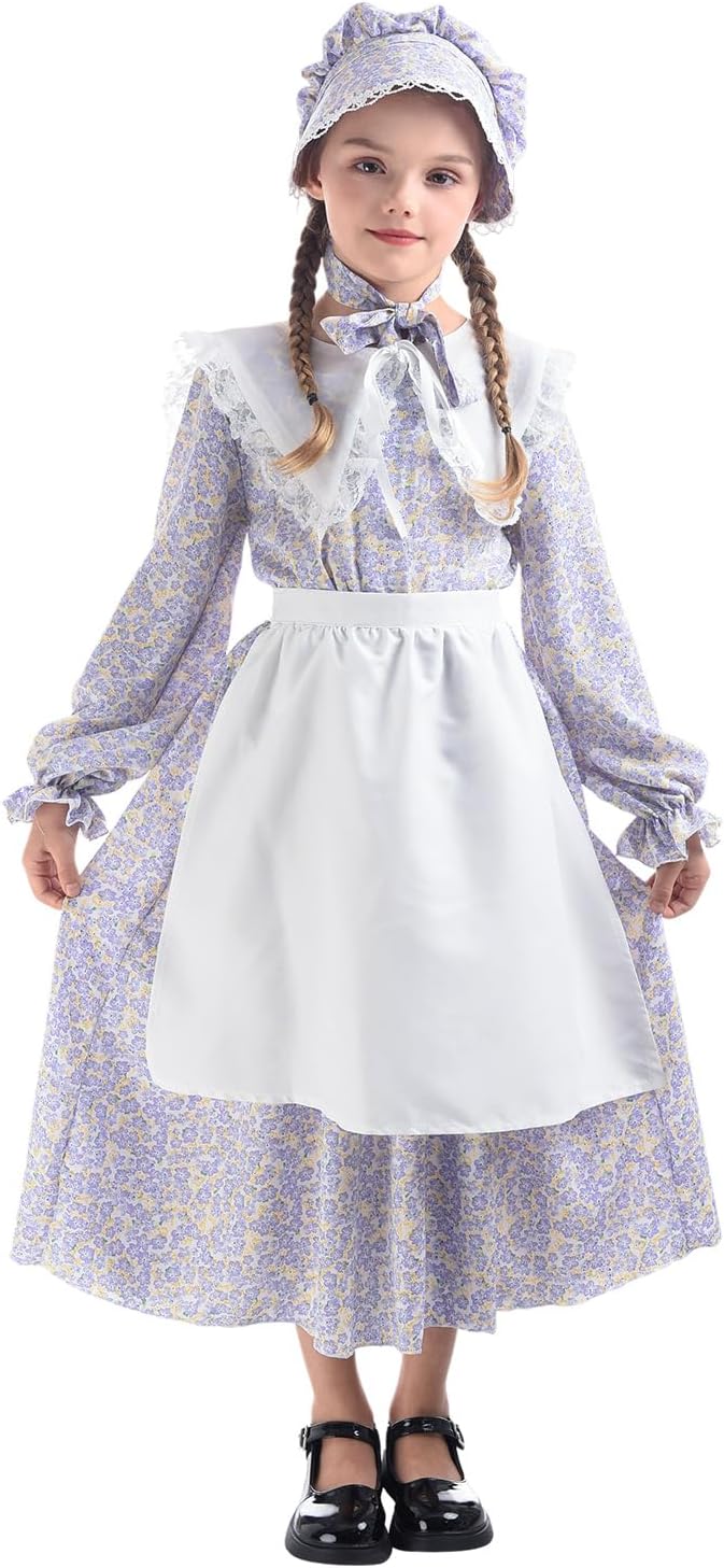 NSPSTT Girl Pioneer Costume Prairie Dresses for Girls Floral Colonial Dress Girl 1800s Dress