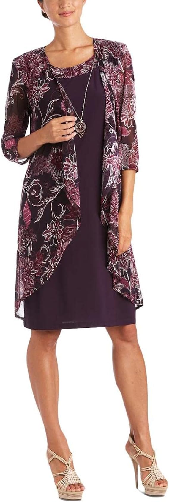 R&M Richards Womens Petites Floral Print Knee Two Piece Dress Purple 8P Clothing