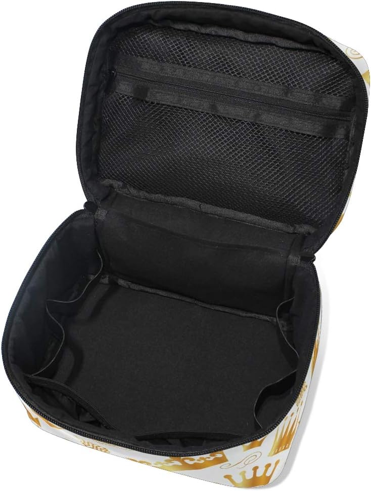 Makeup Cosmetic Bag Golden Crowns Pattern White Background Portable Travel Train Case Toiletry Bags Organizer Multifunction Storage