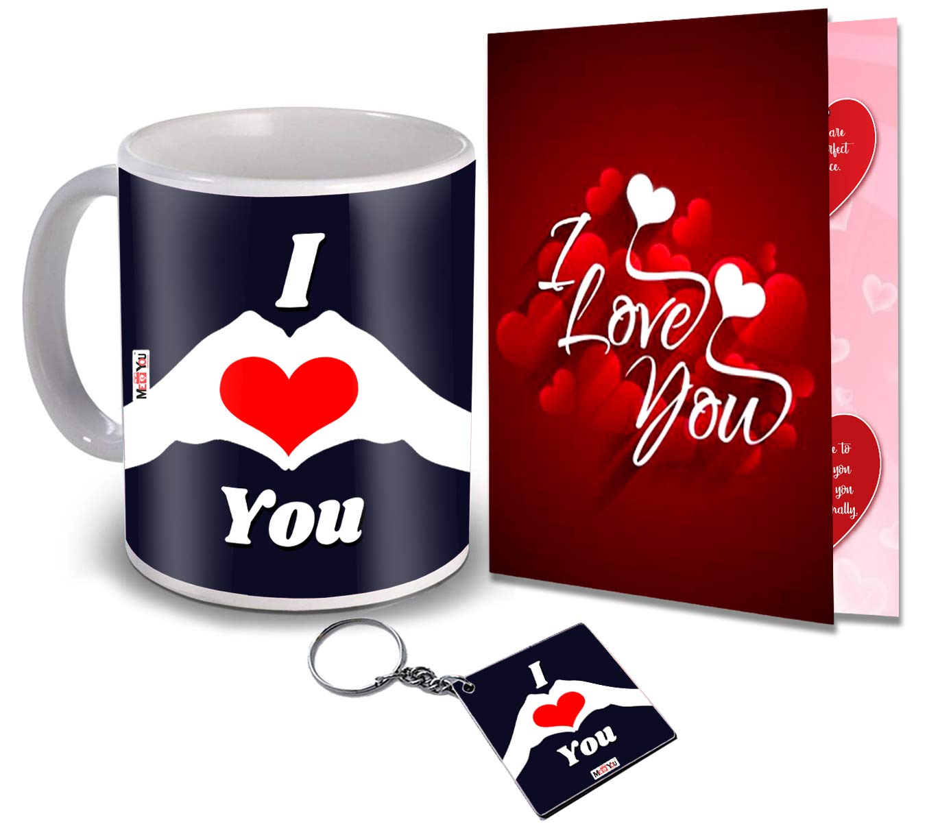 ME & YOU Valentine's Day Gifts, Love Quoted Printed Ceramic Mug with MDF Keychain and I Love You Greeting Card for Birthday, Anniversary (Multicolor)