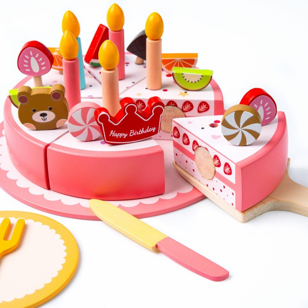 Cots and Cuddles Wooden Birthday Cake Pretend Play Set for Kids | 6 Slice Cuttable Cake with Candles, Toppings & Server | Imaginative Role Play Toy for Toddlers Age 3+ - Image 6 thumbnail