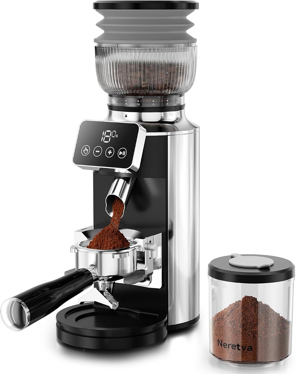 Stainless Steel Espresso Grinder with Portafilter Holder, Silver | 2 IN 1 Use Espresso Burr Grinder with 30 Grind Settings Anti-Static Coffee Grinder for Espresso/French Press/Drip/Siphon