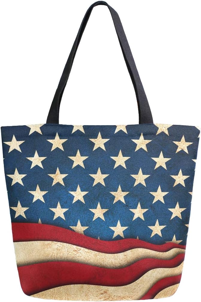 Naanle 4th of July Canvas Tote, Large Women's Casual Shoulder Handbag, American Flag Galaxy Stars Reusable Multipurpose Heavy Duty Shopping Grocery Cotton Bag for Outdoors