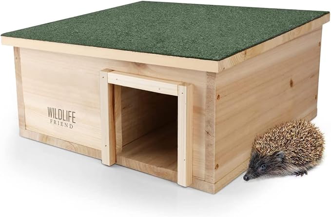 WILDLIFE FRIENDHedgehog House - Wooden Hideout with Felt Roofing Against Predator - Garden Habitat, Ideal for Nest, Cozy Shelter, and Hideaway Supplies - The Ideal Hedgehog Hideout - 16x16x7 inches