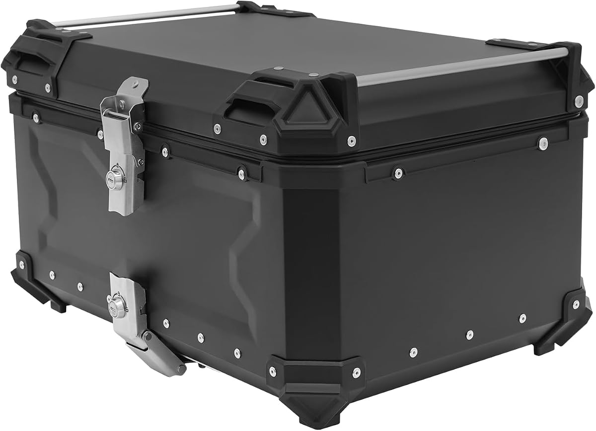 Baúl superior para motocicleta de 17 gal/65 l, caja trasera universal de aleación de aluminio para motocicleta, caja de almacenamiento trasera impermeable para motocicletas con cerradura de seguridad, apto para la mayoría de marcos, capacidad de carga de 22 libras (65 l/17,17 gal)