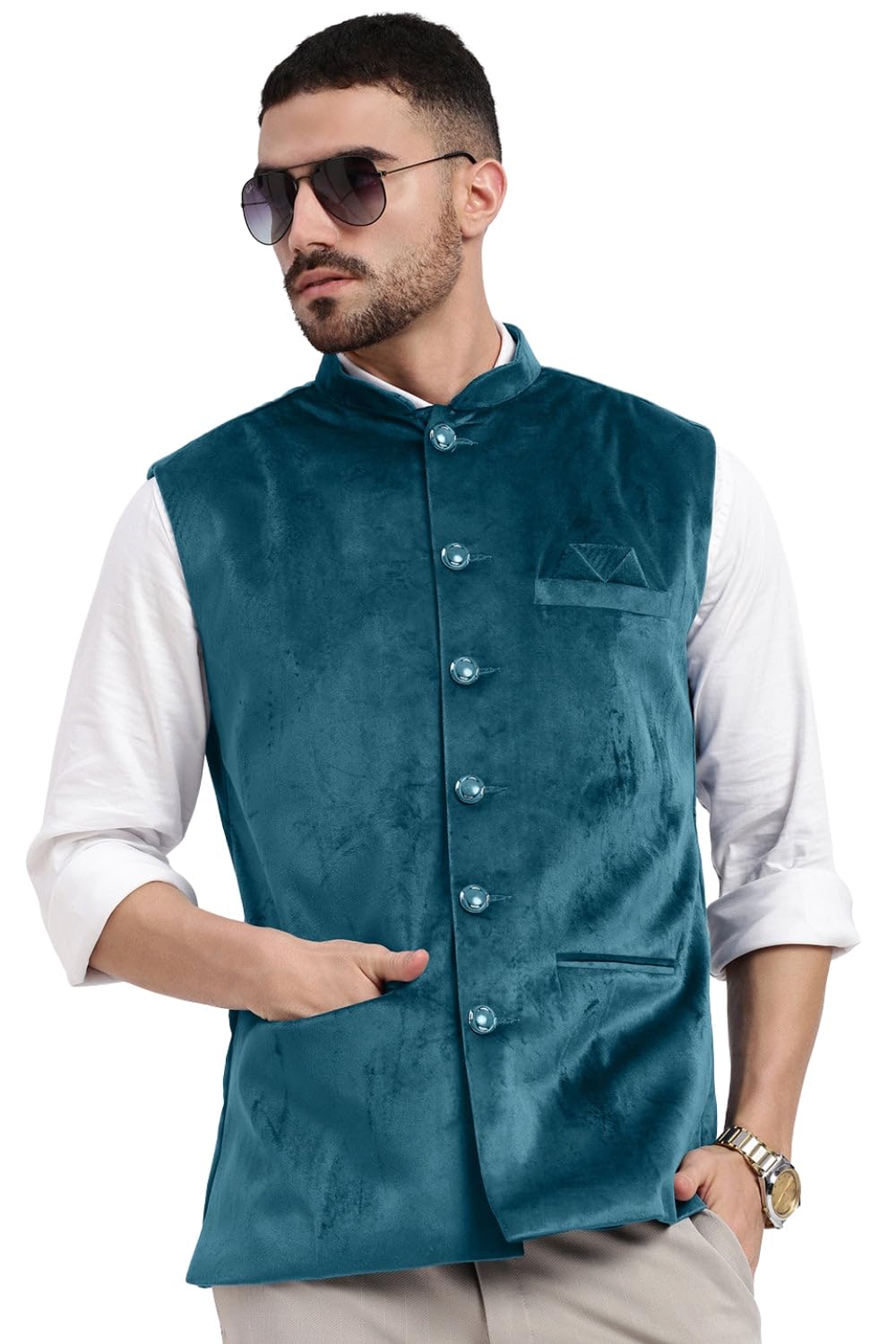 showoffff Men Solid Ethnic Nehru Jacket | Mandarin Collar Sleeveless Suede Nehru Jacket's for Mens | Slim Fit Regular Length Nehru Jacket for Men's-picture-18