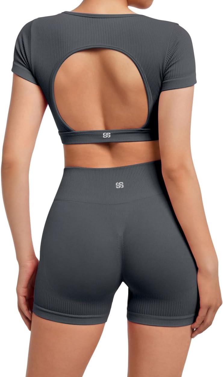 SUUKSESS Womens Workout Sets Open Back Gym Sets Woman Yoga Pilates Crop Tank High Waisted Bike Shorts