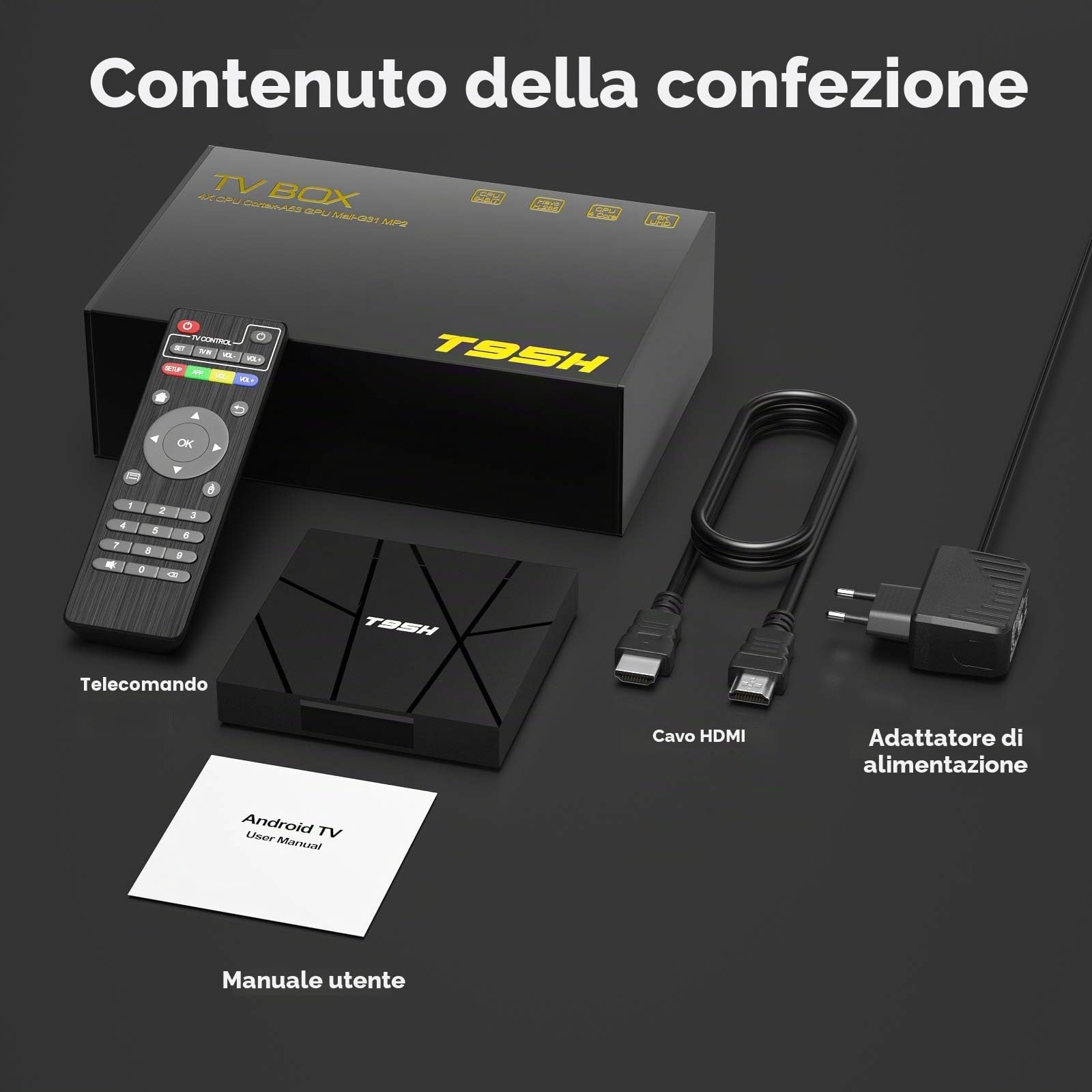 Android TV Box 10.0, Android Box 1 GB RAM 8 GB ROM Allwinner H616 Quad-Core Smart box, Supporto 6K, H.265, 3D, 2.4G Wifi, 10 / 100M Ethernet
