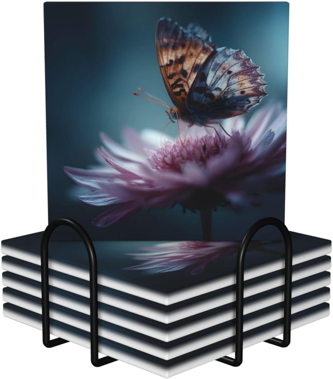 (Butterfly) Ceramic Coasters Set of 6 with Holder Non-Slip Square Coffee Coasters for for Cup Mug Drink Patio Coffee Table Decor, Christmas Coasters Home Bar Supplies