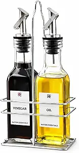 6 Oz Oil and Vinegar Bottle Cruet Set with Wire Caddy – 2 Pack Glass Dispenser Bottles (Stainless Steel Spout)