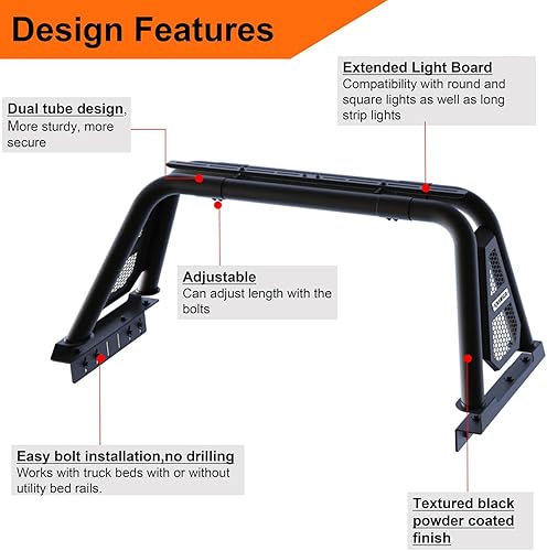 Miniatura 11 de Barra antivuelco para camioneta de tamaño completo, jaula de rollo ajustable deportiva compatible con Tundra, Serie F, Ram 1500/2500/3500
