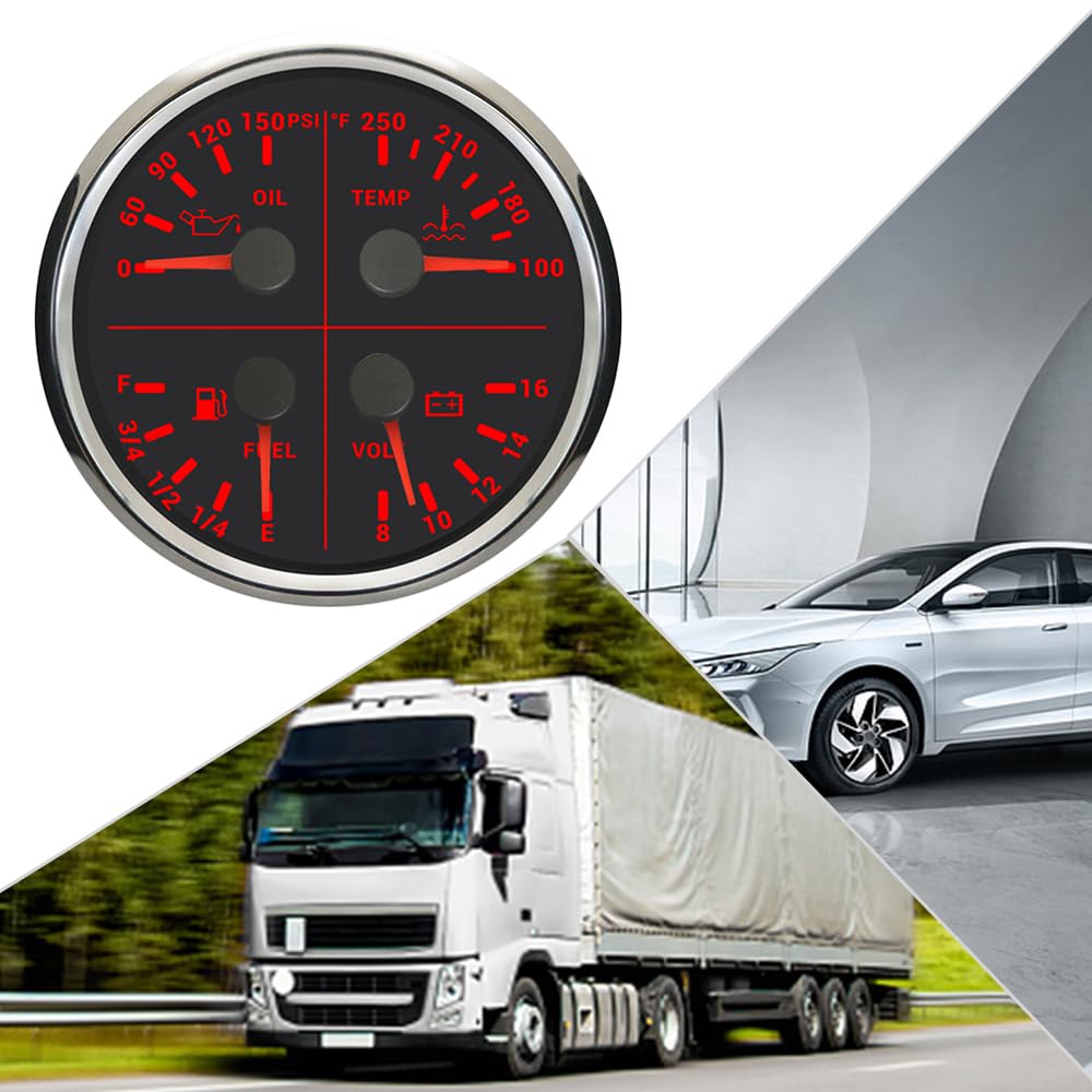 110mm 4 in 1 Gauge Kit Fuel Level Oil Pressure 0-150PSI Water Temp 100-250°F Voltmeter 12V with Red Backlight for Auto Marine Vehicles (Black&Silver)