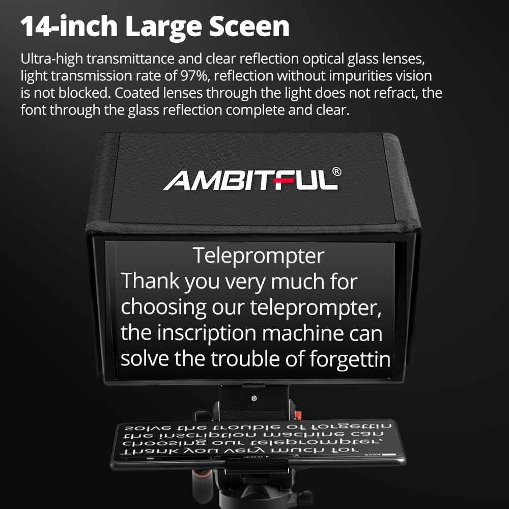 Ambitful T14Pro Téléprompteur 35,6 cm pour Appareil Photo, Tablette iPad Android, Smartphone, contrôle par Application/sans Assemblage, Compatible avec iOS Android, pour Technique en Ligne/Entretien
