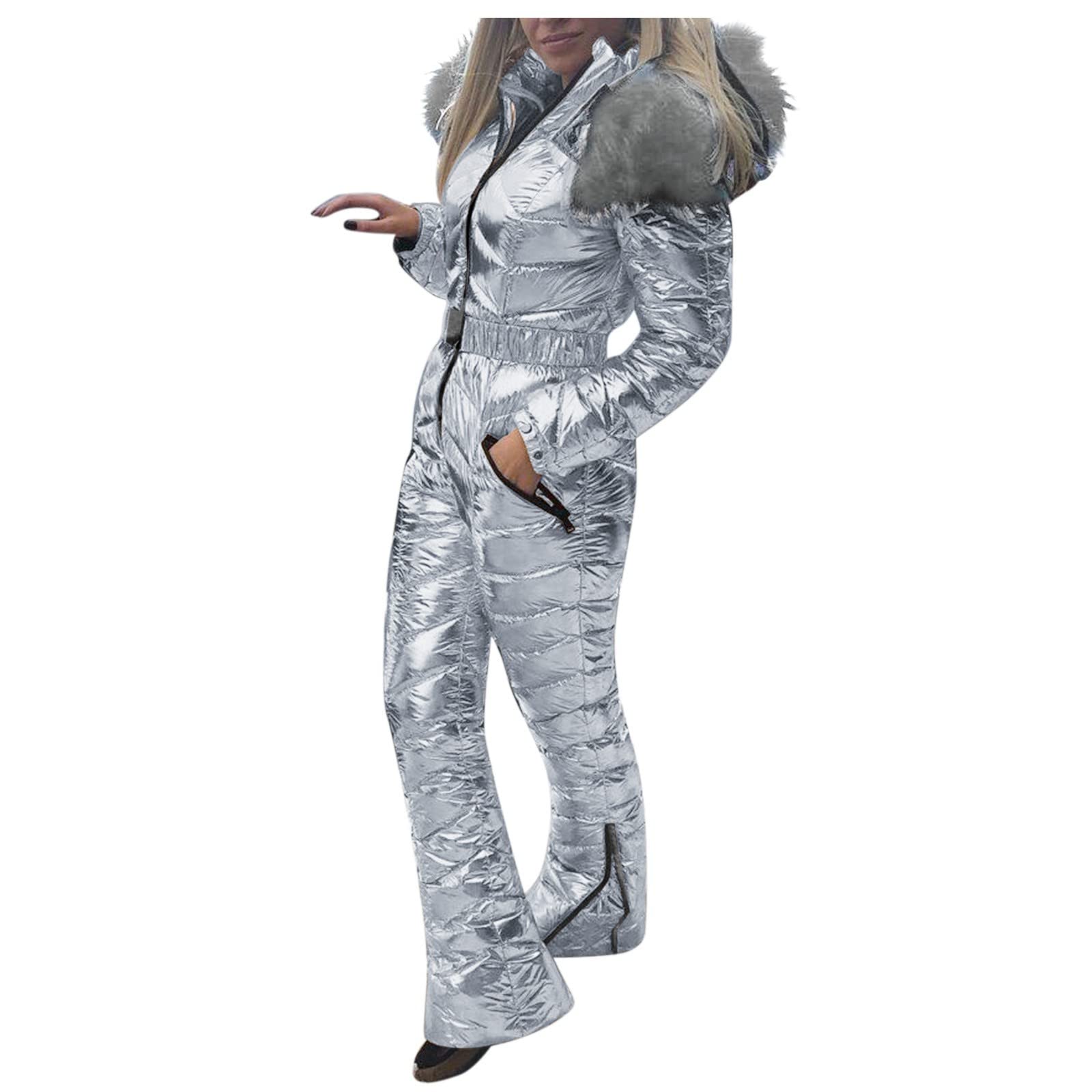 Tuta da sci da donna lucida metallizzata, tuta invernale da neve con cappuccio staccabile in pelliccia sintetica, impermeabile e antivento, attrezzatura da sci isolata, perfetta per sci, snowboard,