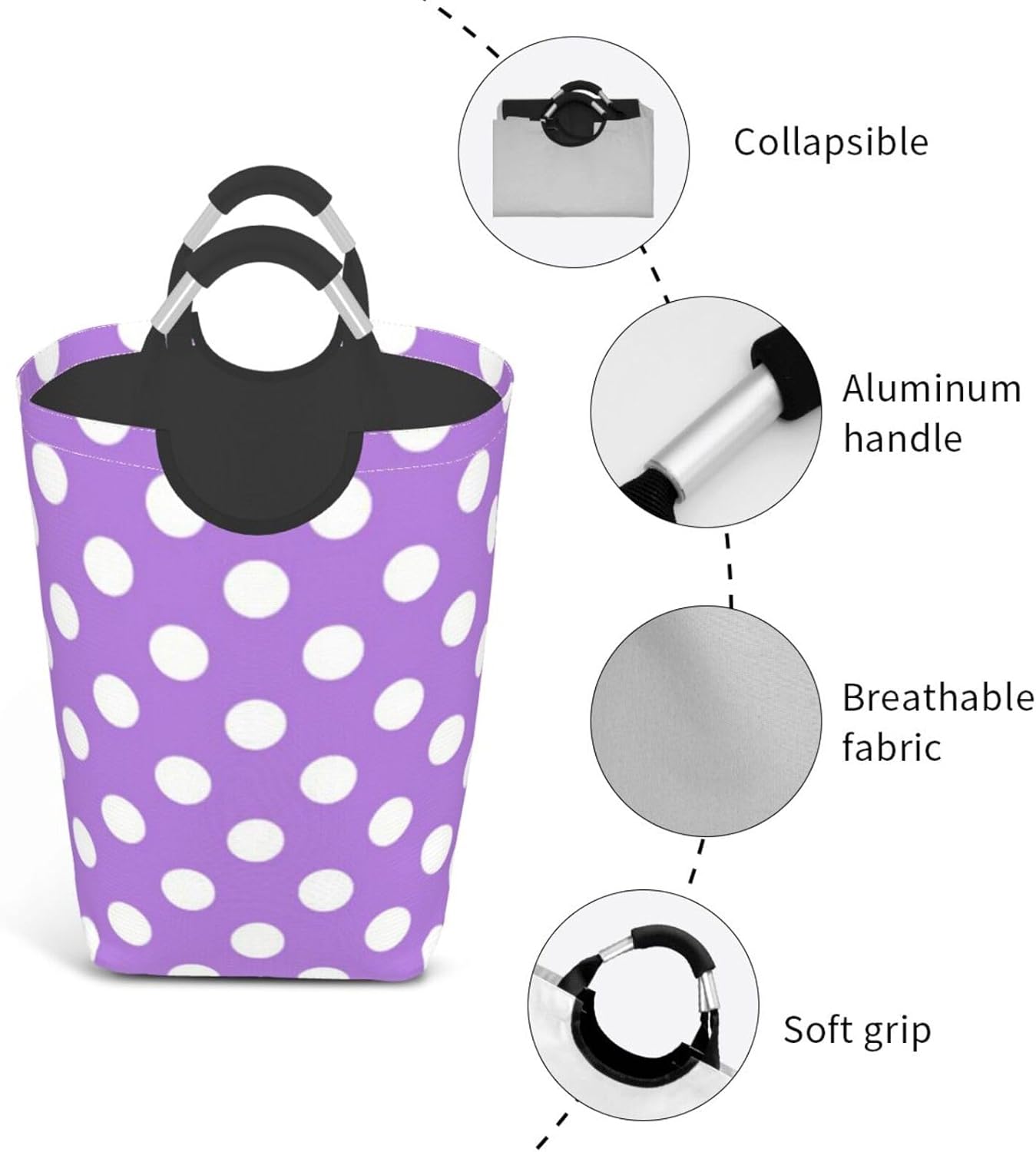 Large Laundry Basket, Lavender and White Polka Dots Laundry Hamper Bag Collapsible Washing Bin With Handles for College Dorm, Family Essentials Storage