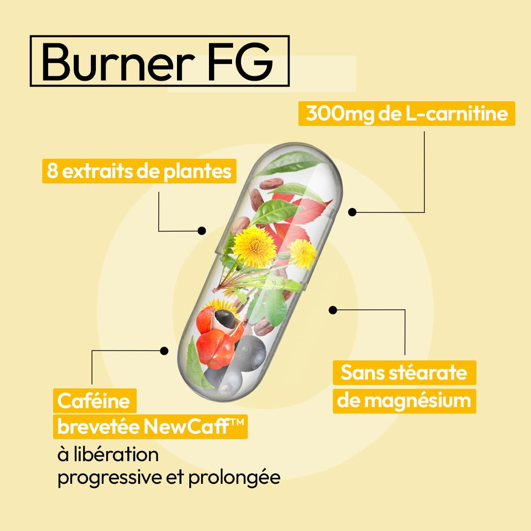 BURNER FG | Brûleur de Graisse Puissant Spécial Femme | Caféine NewCaff | Detox Anti-Cellulite | L-Carnitine + Thé Vert + Griffonia + Tryptophane + Guarana | 120 Gélules Vegan | Eiyolab