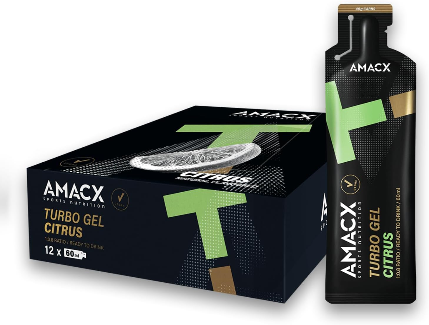 AMACX Turbo Energy Gel for Endurance Athletes 12 x 60 ml 200 mg Sodium 40 g Carbs Quick-Absorbing Sports Gel Electrolyte Energy Gel with Carbohydrate Ratio 10.8 - Citrus