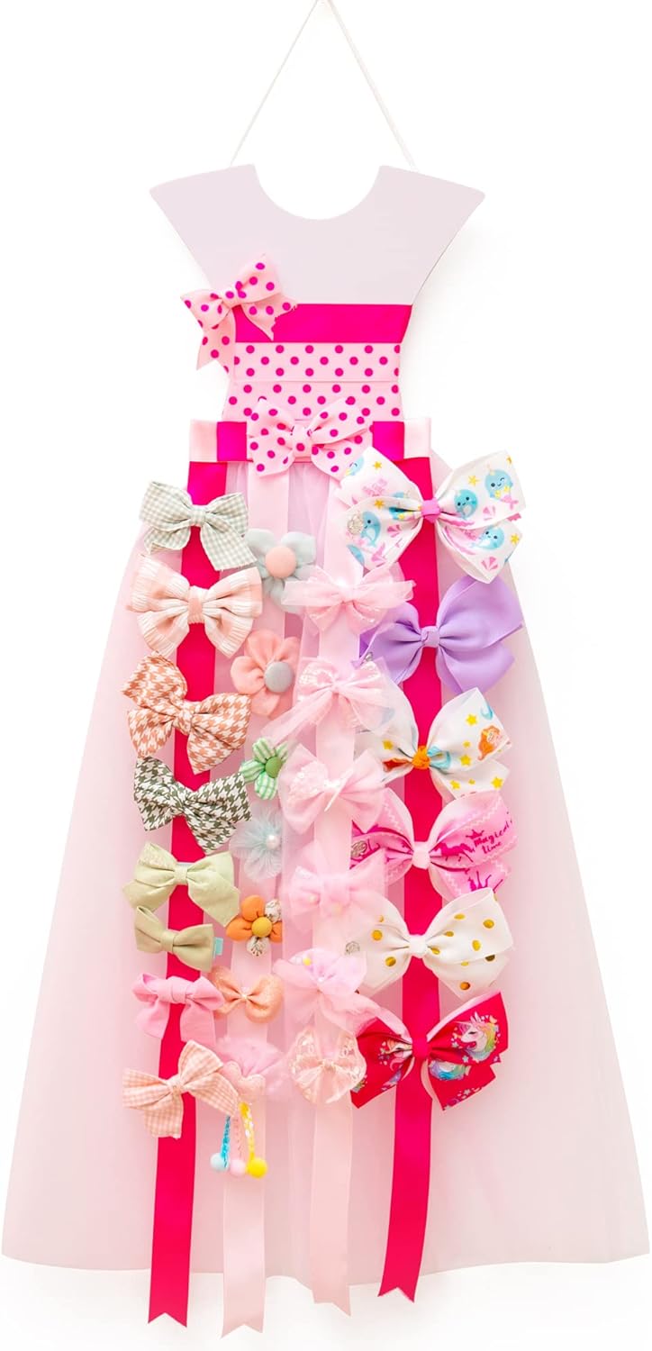 Hair Bow Holder for Girls, Pink Princess Dress Hair Clips Storage Organizer, Wall Hanging Home Décor Hair Accessories Organizer for Baby Girls Room