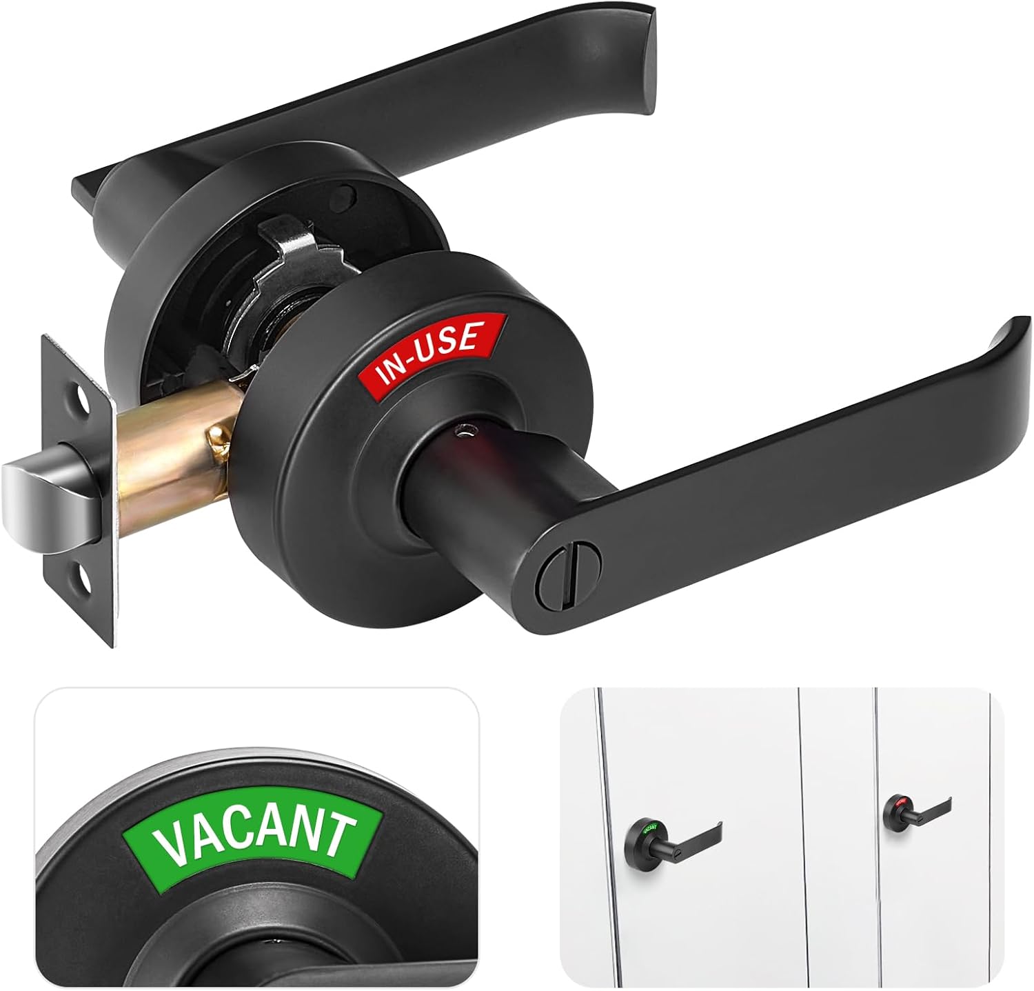 Bathroom Indicator Privacy Door Lock, Vacant Occupied Bathroom Lock, Large Vacant or in-Use Door Handle for All Women Men Restrooms, Ansi Grade 2 Commercial Grade, Black