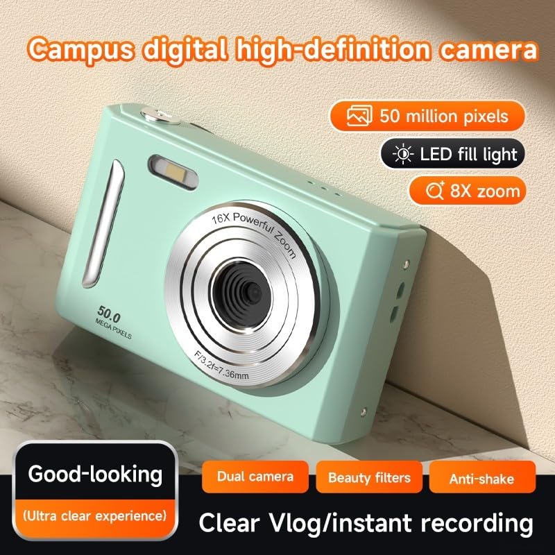 Cámara digital 4K, cámara fotográfica portátil compacta retro, zoom digital de 8X, pantalla IPS de 2.4", cámara portátil para viajes y selfies de nivel de entrada (verde)