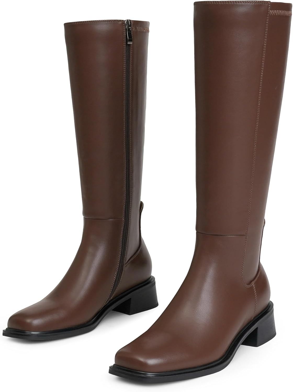 QIY Knee High Boots for Women Chunky Heel Brown Stretch Tall Boots for Women Fall Calf High Heeled Long Leather Square Toe Boot Low Heel Size 7 - Image 3