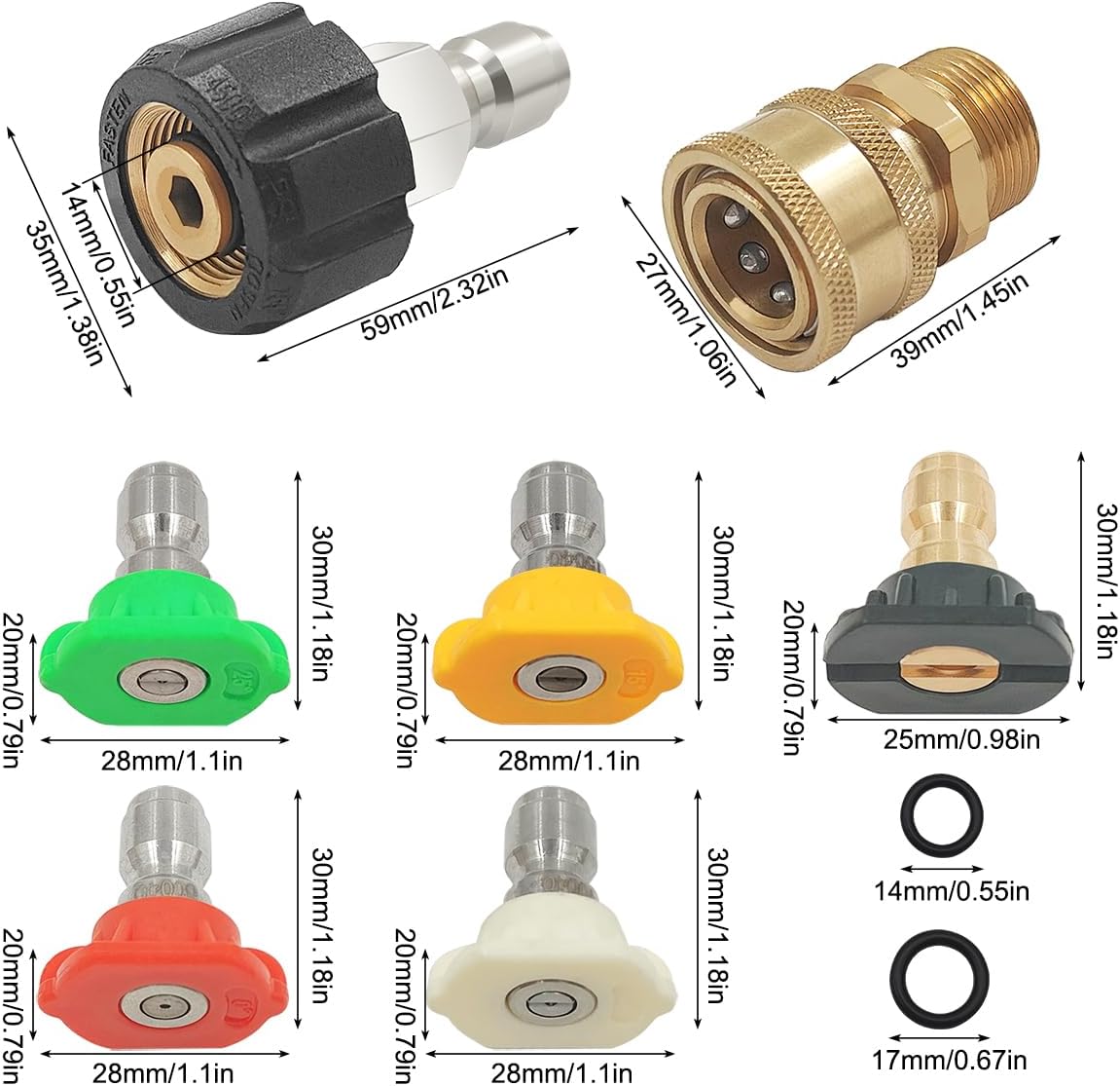 5 Pcs Pressure Washer Spray Nozzles + 2 M22 14mm Quick Connect Kit + 10 O-Rings Replacement for 1/4 inch & 3/8 inch, 5 Degrees Quick Connection Tips, Power Washer Fittings Wand Tips Set, 4000 PSI
