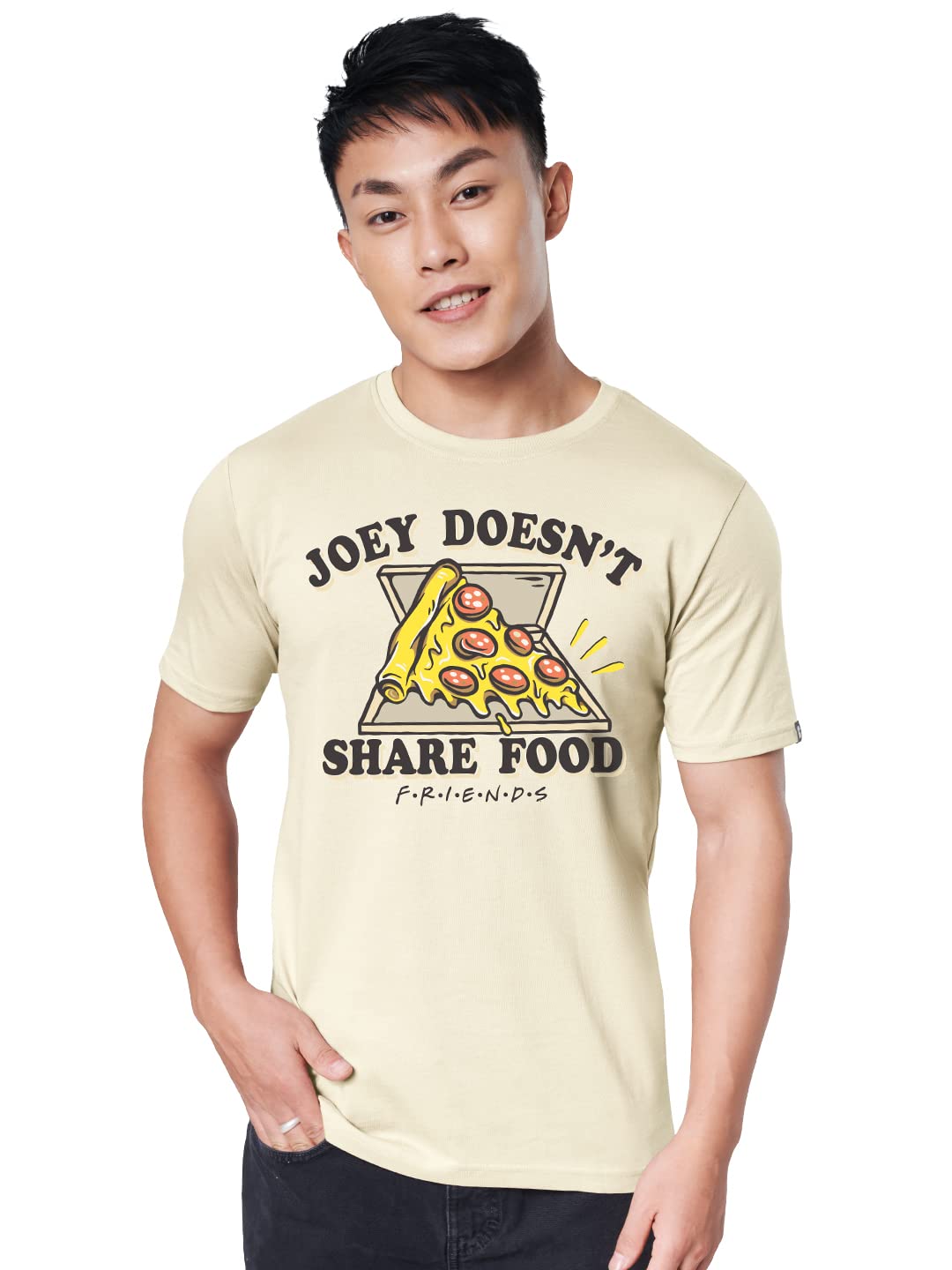 The Souled Store Official F.R.I.E.N.D.S: Joey Doesn't Share Food Men and Boys Regular fit Half Sleeve Cotton Off White Color T-Shirts