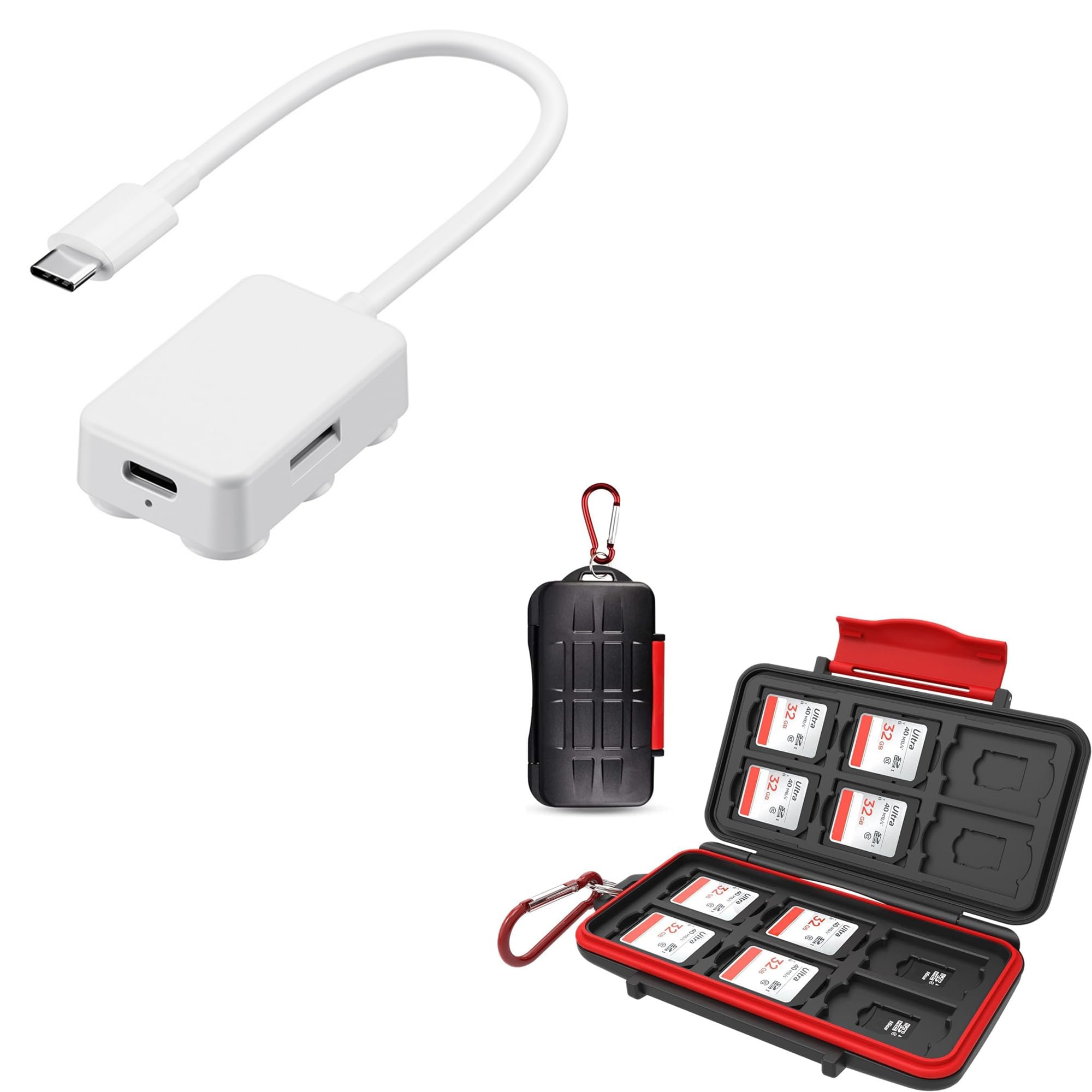 Memory Card Case + TF Card Reader: SDXC TF Memory Card Case Protector Cover with Carabiner with USB C to MicroSD Memory Card Adapter