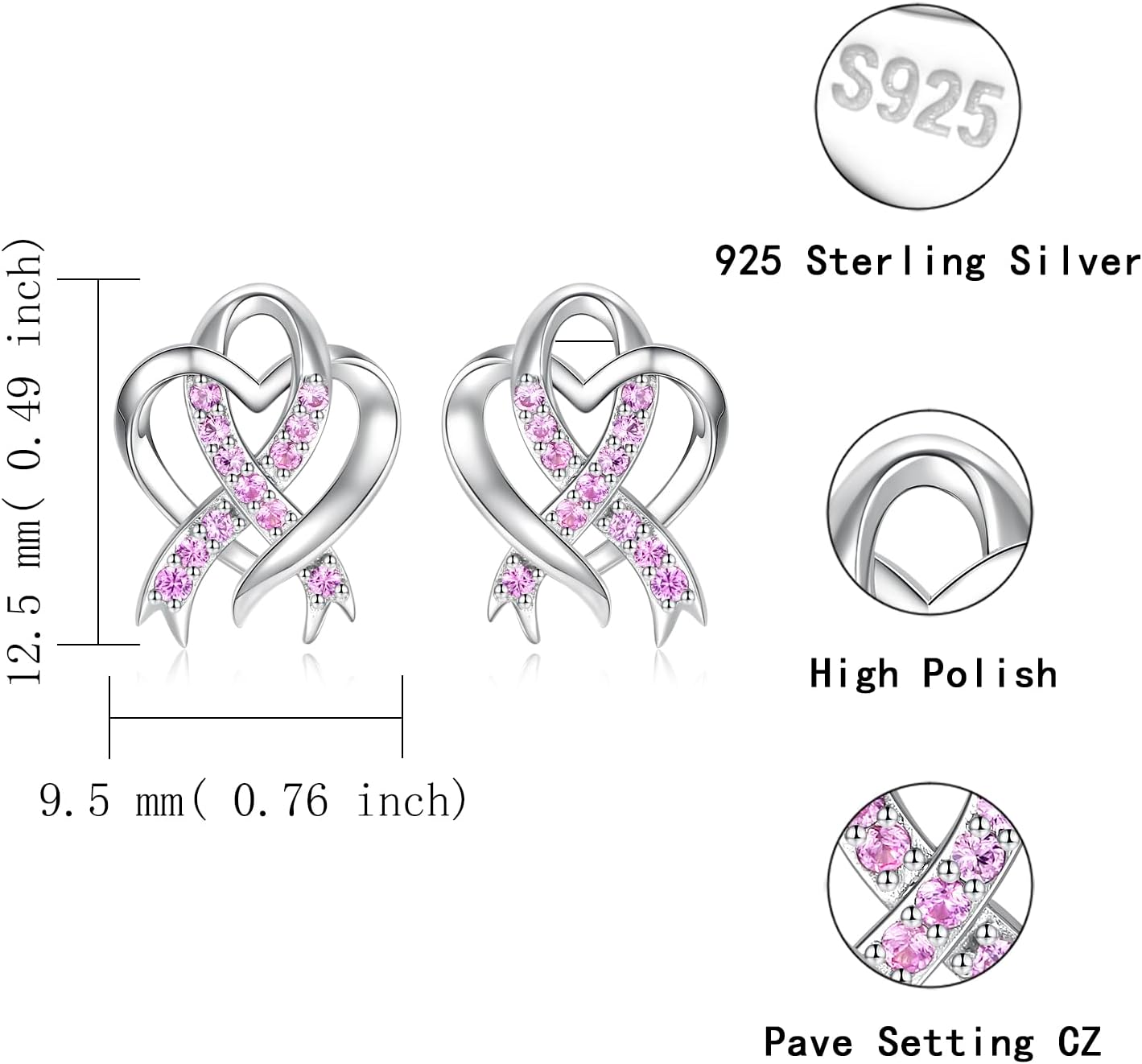 Heart Pink Ribbon Necklace Earrings 925 Sterling Silver Inspirational Breast Cancer Awareness Jewelry Gift for Women Cancer Survivor