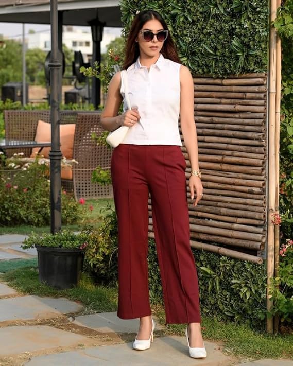Image of Mlada Mid Waist Wide Leg Flared Pants Elastic Waist Band for Women Office Work Formal Wear Stretch Cotton Knit Flare Pants Utility Pockets Extra Flare Pants Trousers for Travel